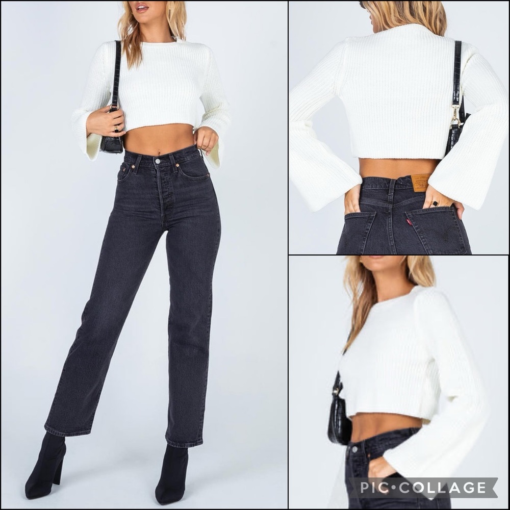 Princess Polly White Flare Bell Sleeve Cropped Ribbed Sweater - Picture 3 of 13